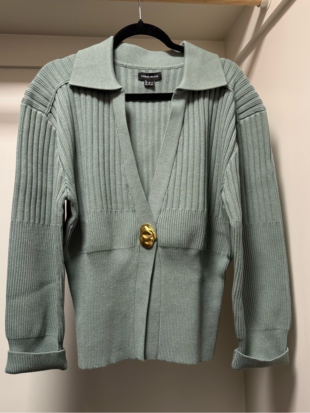 Urban Revivo Sage Green Ribbed Collar Cardigan